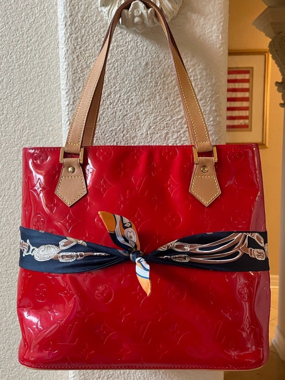 Louis Vuitton Red Patent Tote with Tan Handles